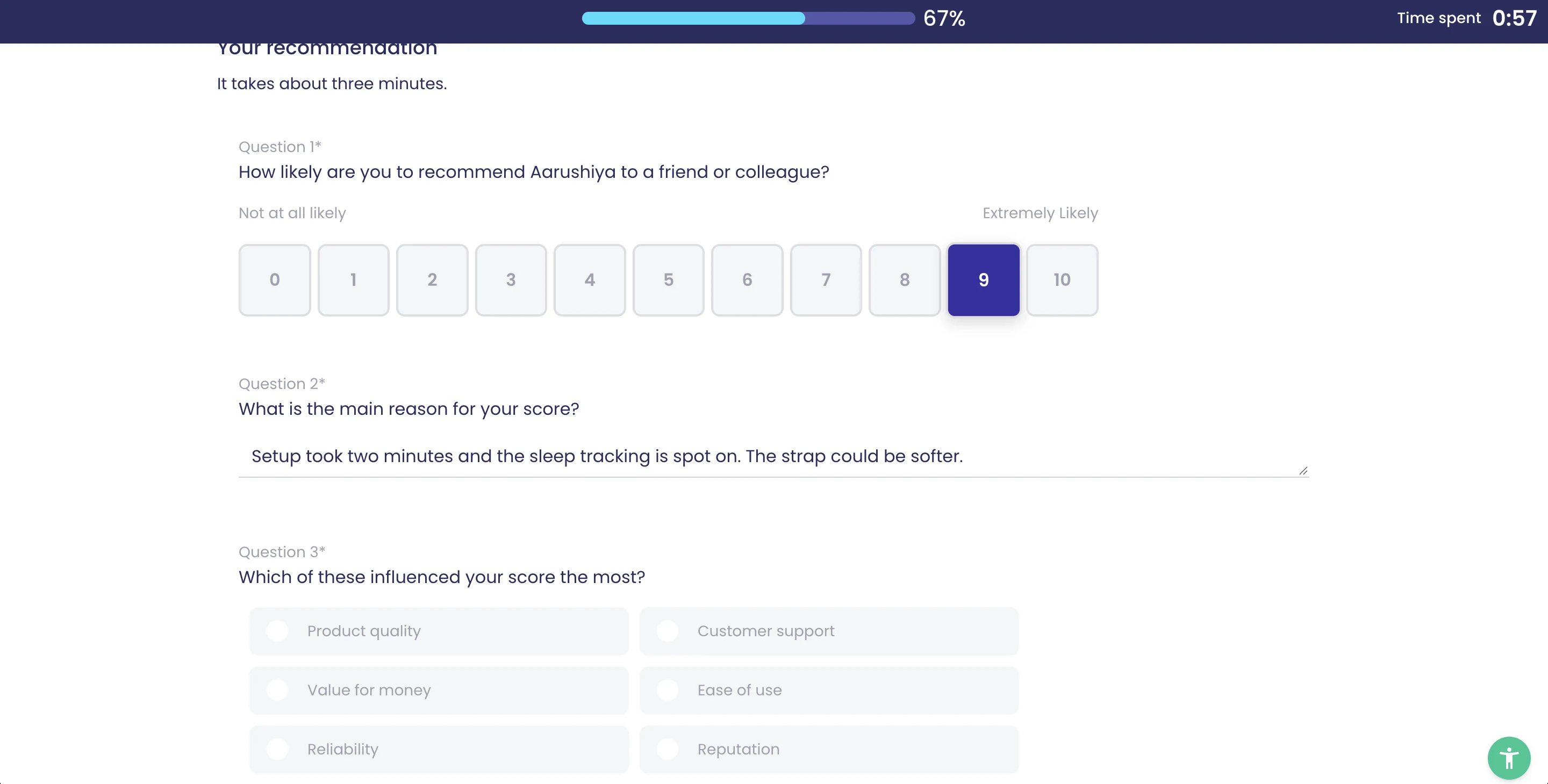 Vorlage 'NPS Survey' aus Sicht der Befragten im Aarushiya-Design, zugeschnitten auf die 1–2 prägenden Fragen