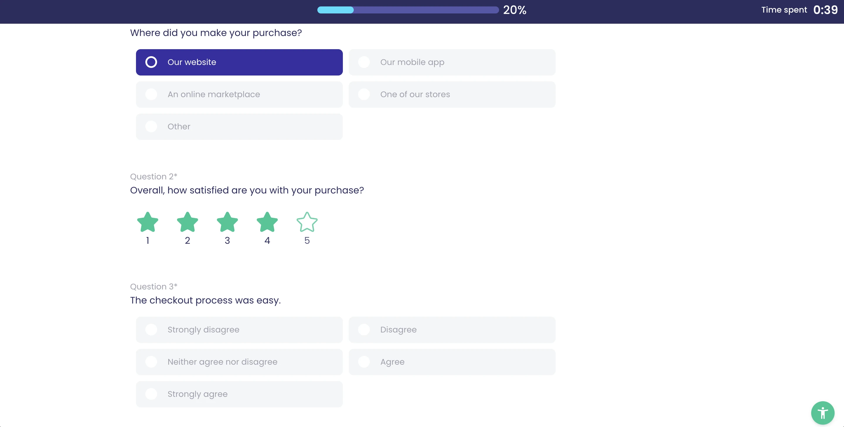 Vorlage 'Post-Purchase Survey' aus Sicht der Befragten im Aarushiya-Design, zugeschnitten auf die 1–2 prägenden Fragen