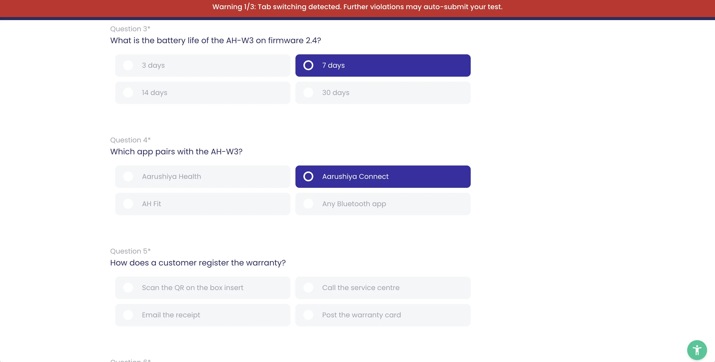 Vorlage 'Product Training Knowledge Check' aus Sicht der Befragten im Aarushiya-Design, zugeschnitten auf die 1–2 prägenden Fragen
