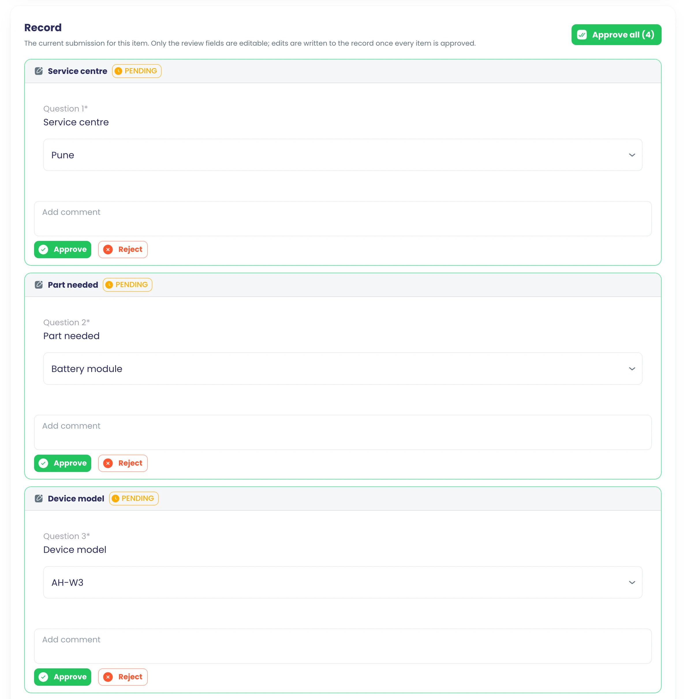 A review task with Approve or Reject for each item, a comment on each, and Approve all to write the edits back.