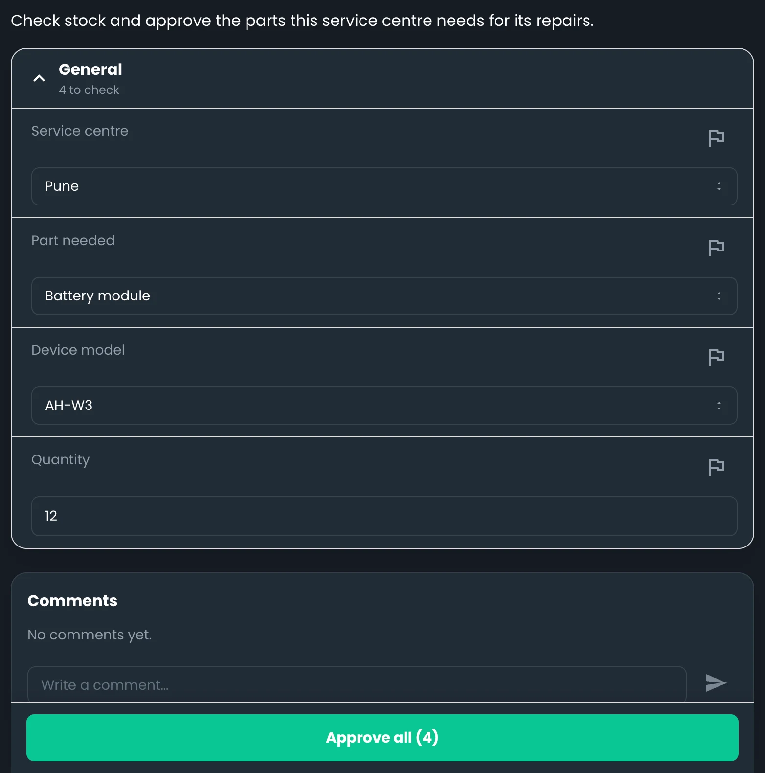 One-step review in the partner portal: a spare-parts request with a flag beside each item to check and a single Approve all (4) button