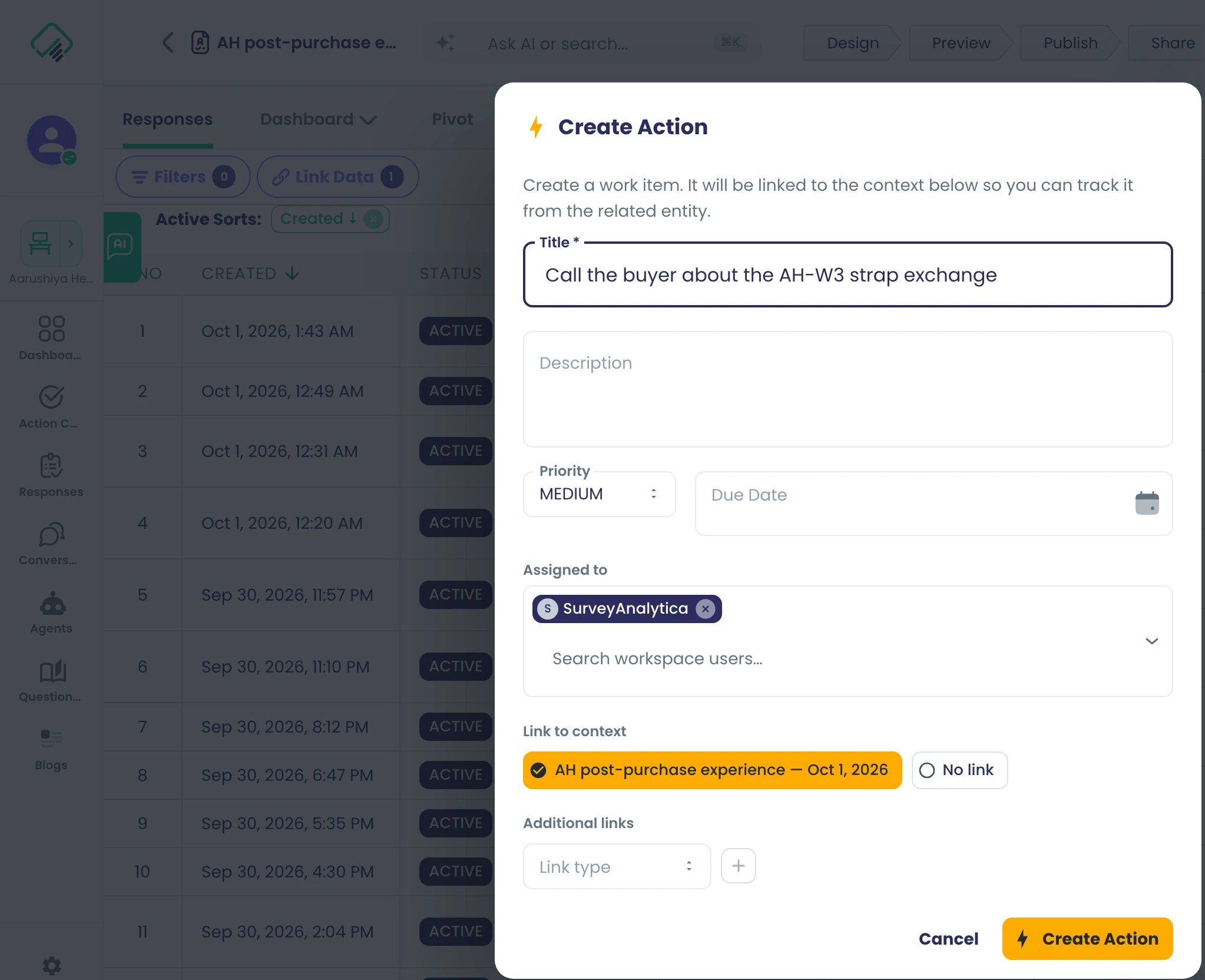 A Create Action dialog opened over the AH post-purchase survey's Responses table, with a typed title, MEDIUM priority, a Due Date field, SurveyAnalytica as assignee, and the task linked to the response 'AH post-purchase experience — Oct 1, 2026'.