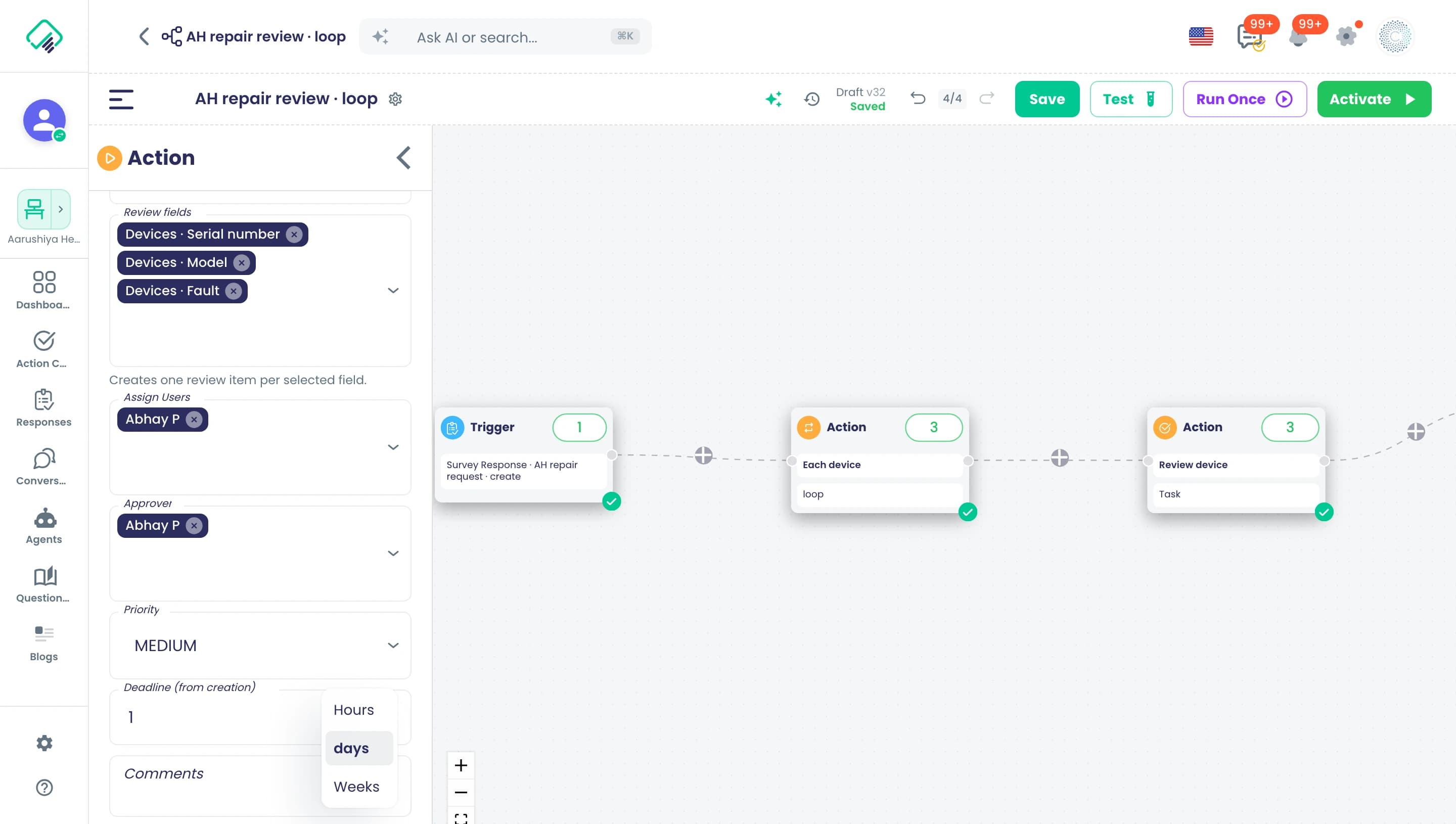 The flow designer for 'AH repair review · loop' shows a survey-response trigger, an Each device loop and a Review device task, with the task panel open showing three device review fields, Abhay P as assignee and approver, MEDIUM priority, and a deadline of 1 with the Hours, days and Weeks unit menu open.