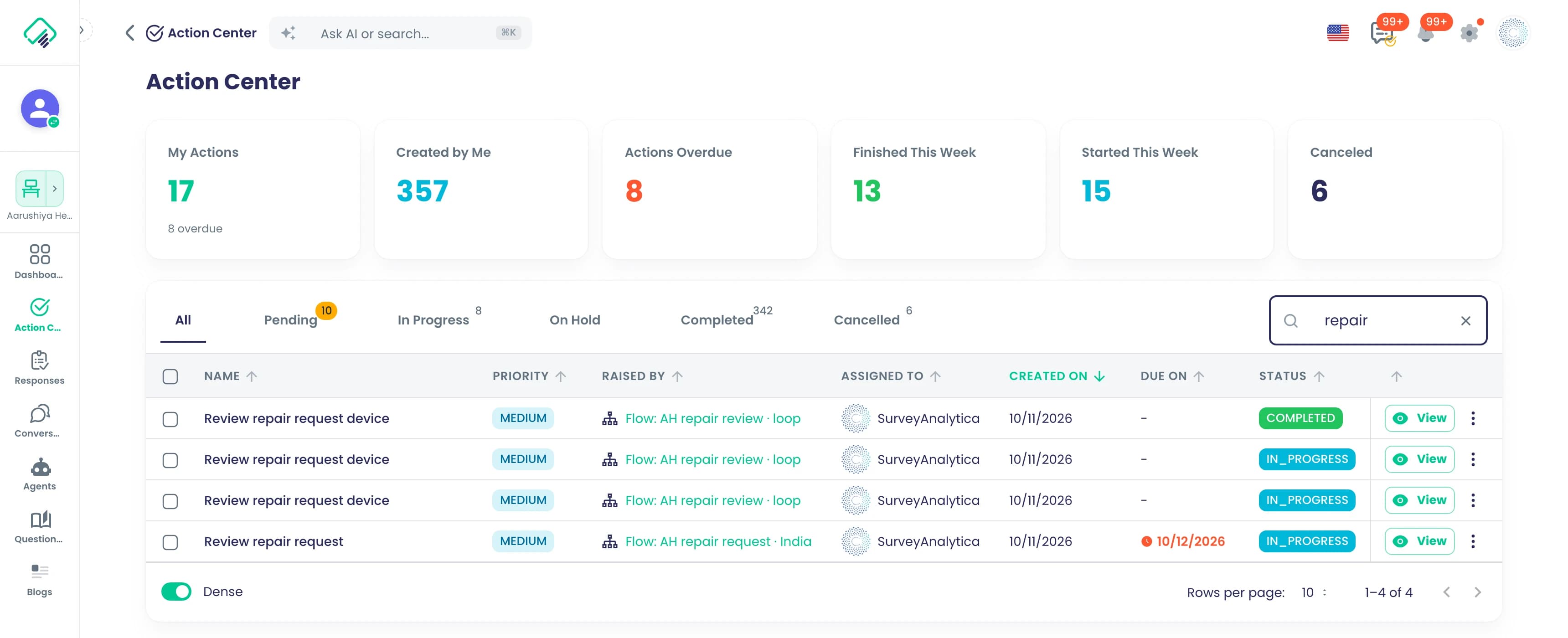 The Action Center: action counts across the workspace and Aarushiya repair-review tasks with priority, source flow, assignee and status