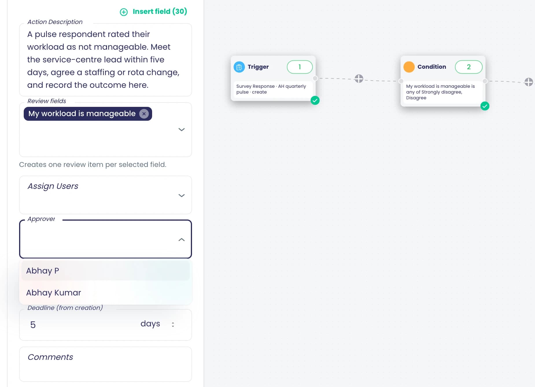 A Task step in a flow: review fields, assignees and the approver picked from workspace members, with a deadline