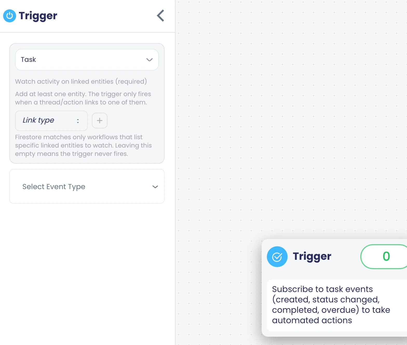 A flow triggered by tasks: subscribe to task events — created, status changed, completed, overdue — on the entities you link