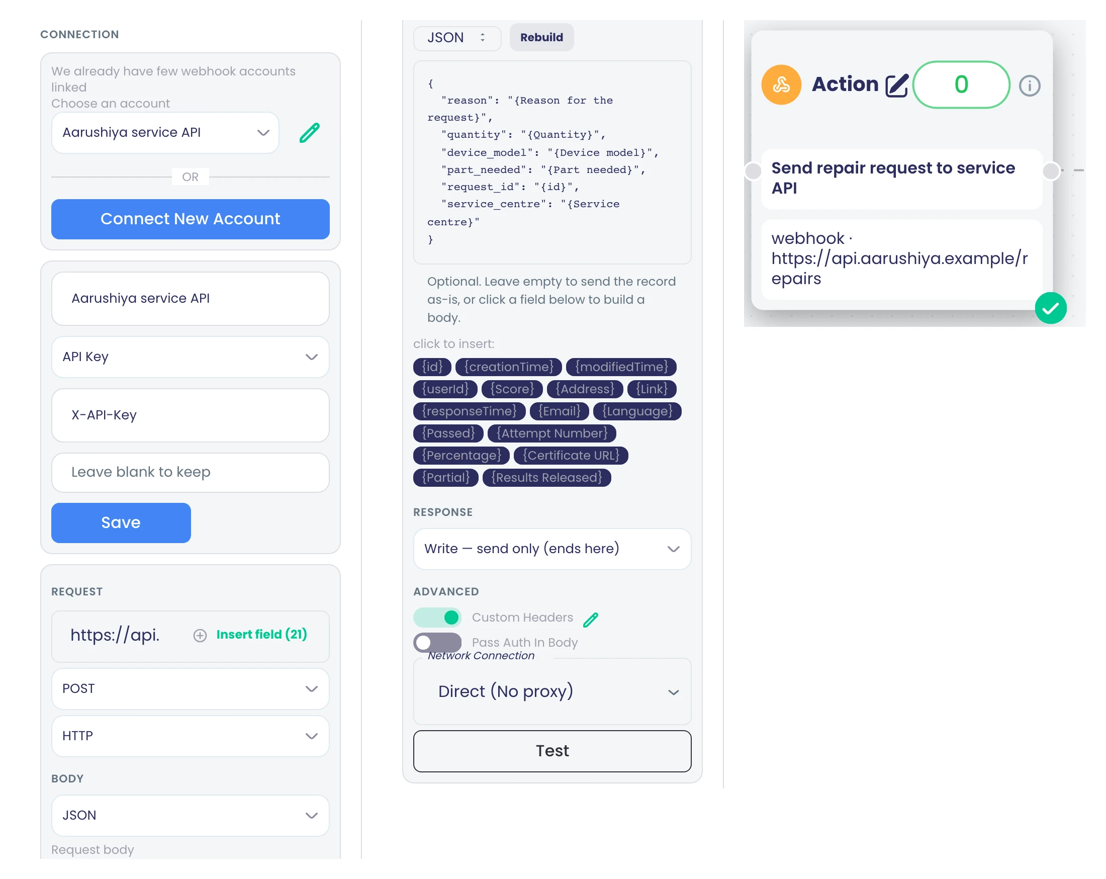 The REST API action: an API-key account, a POST request whose JSON body is built from {Field} tokens, and a Test button.