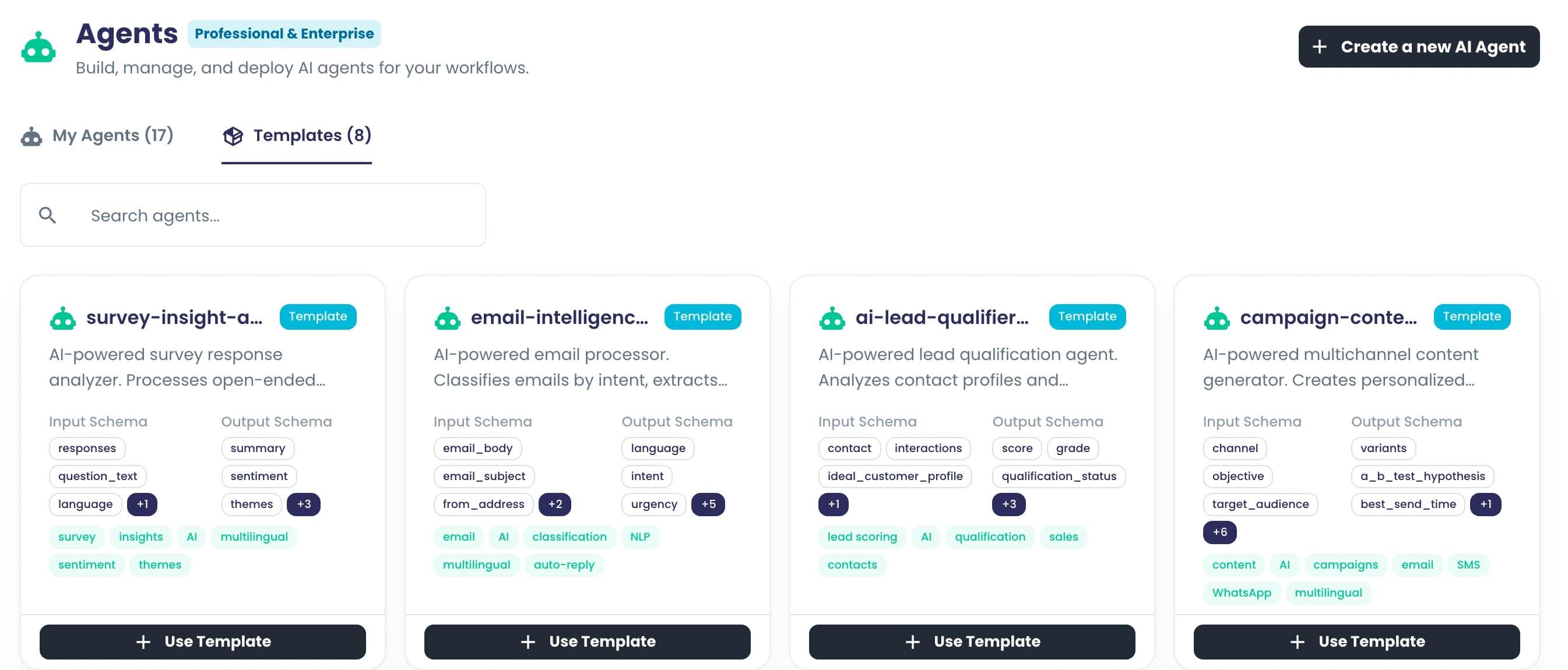 The agent catalog with starter templates such as survey insight, email intelligence, lead qualifier and campaign content