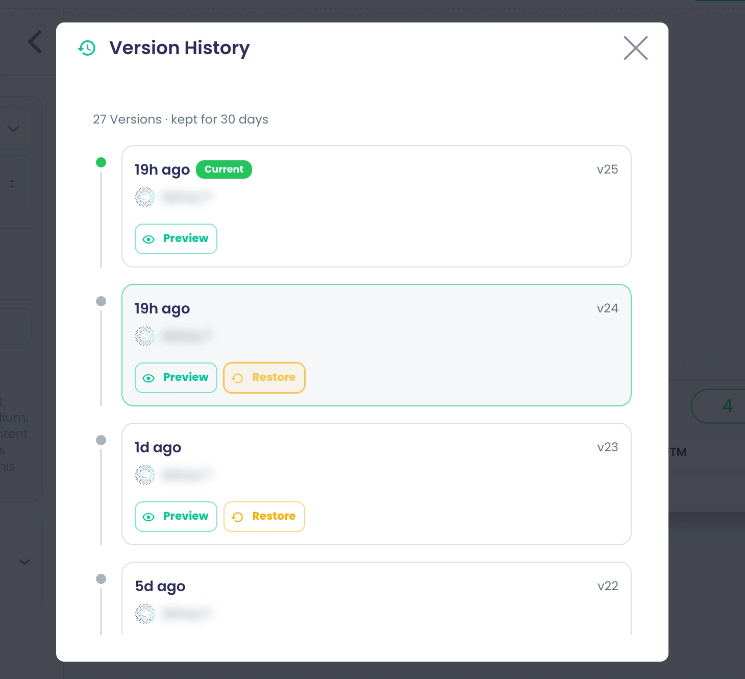 Version history of a flow: versions kept for 30 days, the current one marked, each with Preview and Restore.