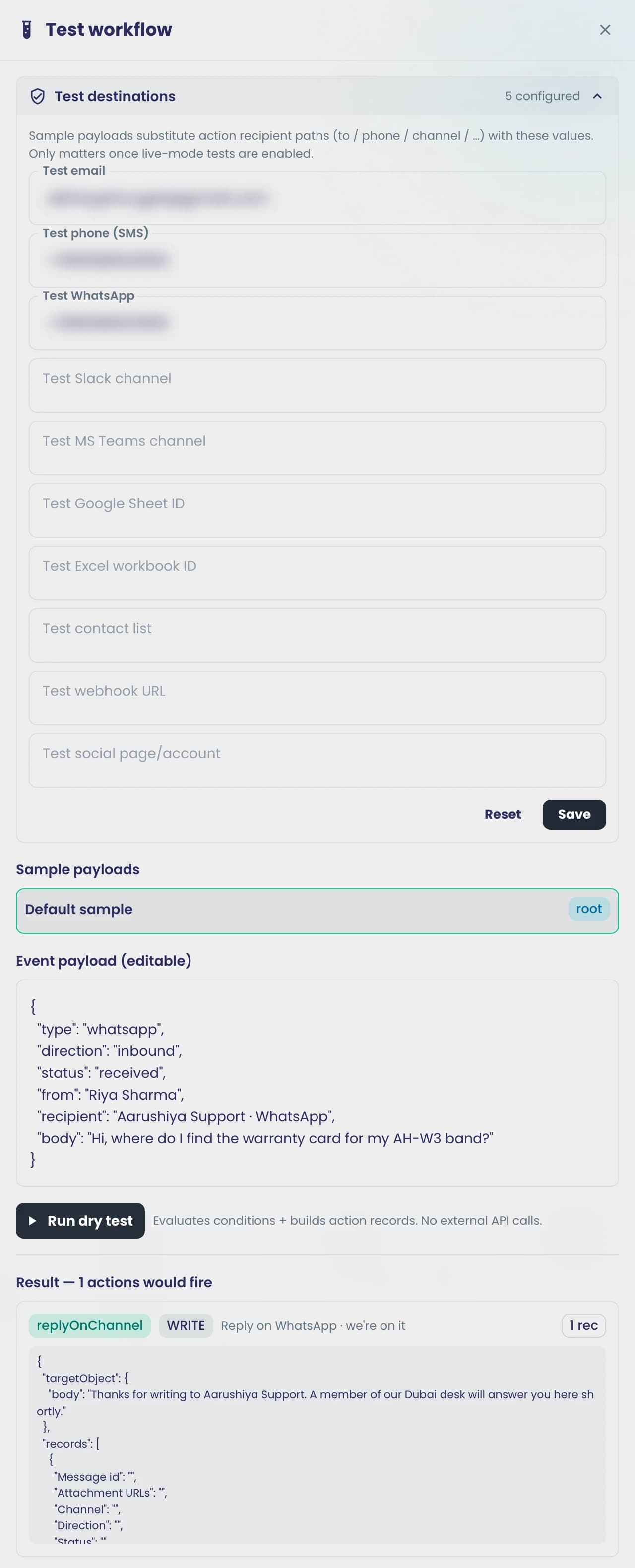 The Test workflow drawer: test destinations, a sample WhatsApp payload, Run dry test with no external calls, and the one action that would fire.