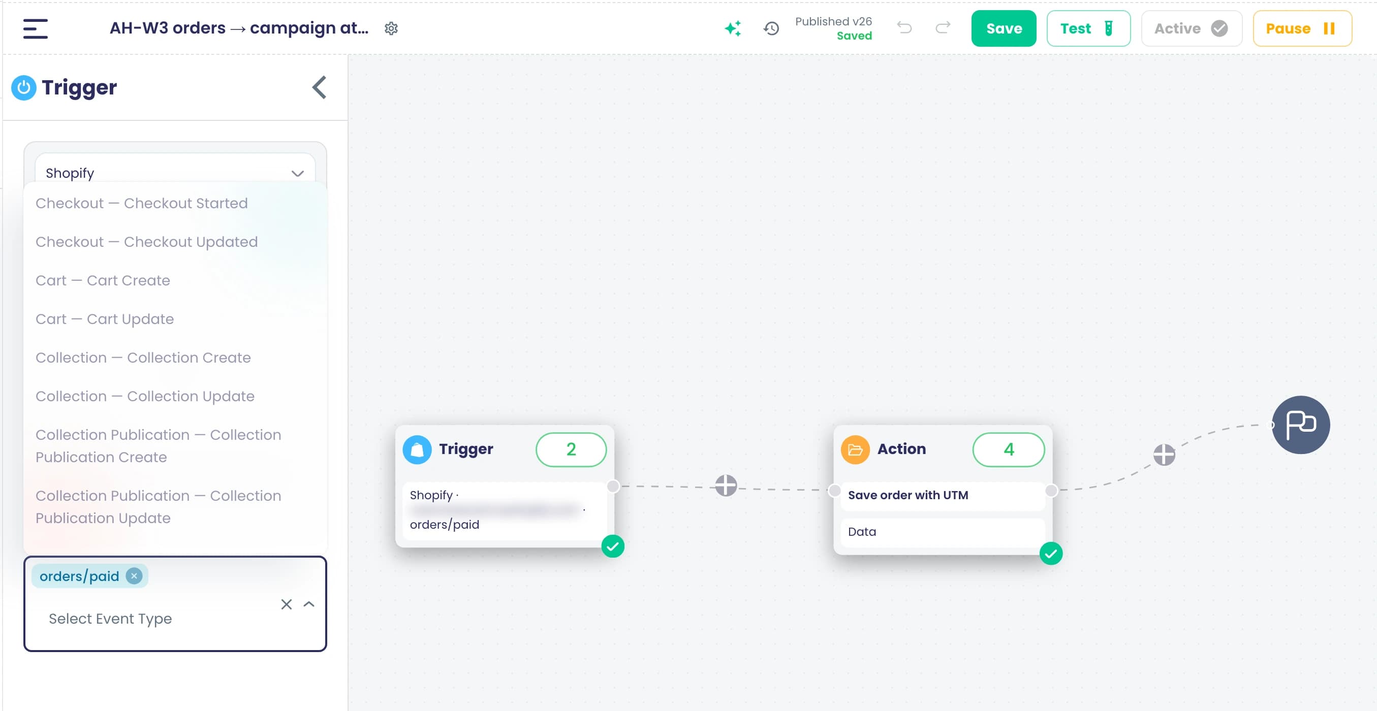 A Shopify trigger on a flow, with the store's event list open beside the canvas: checkouts, carts, collections and orders, with orders/paid selected.